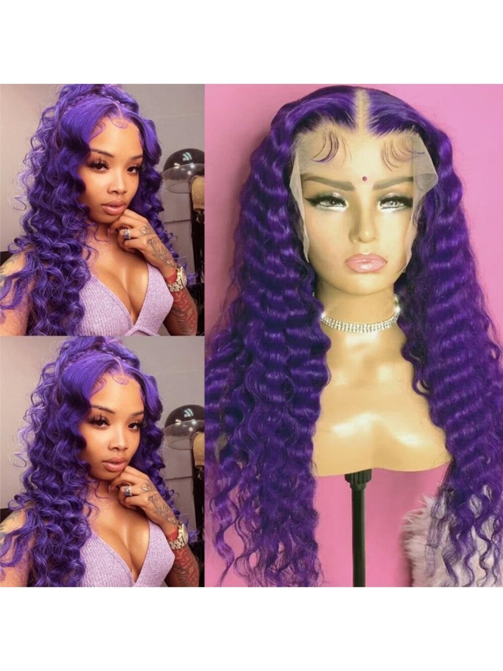 Long Dark Purple Loose Curly Lace Front Wig - Heat Resistant, Pre-Plucked